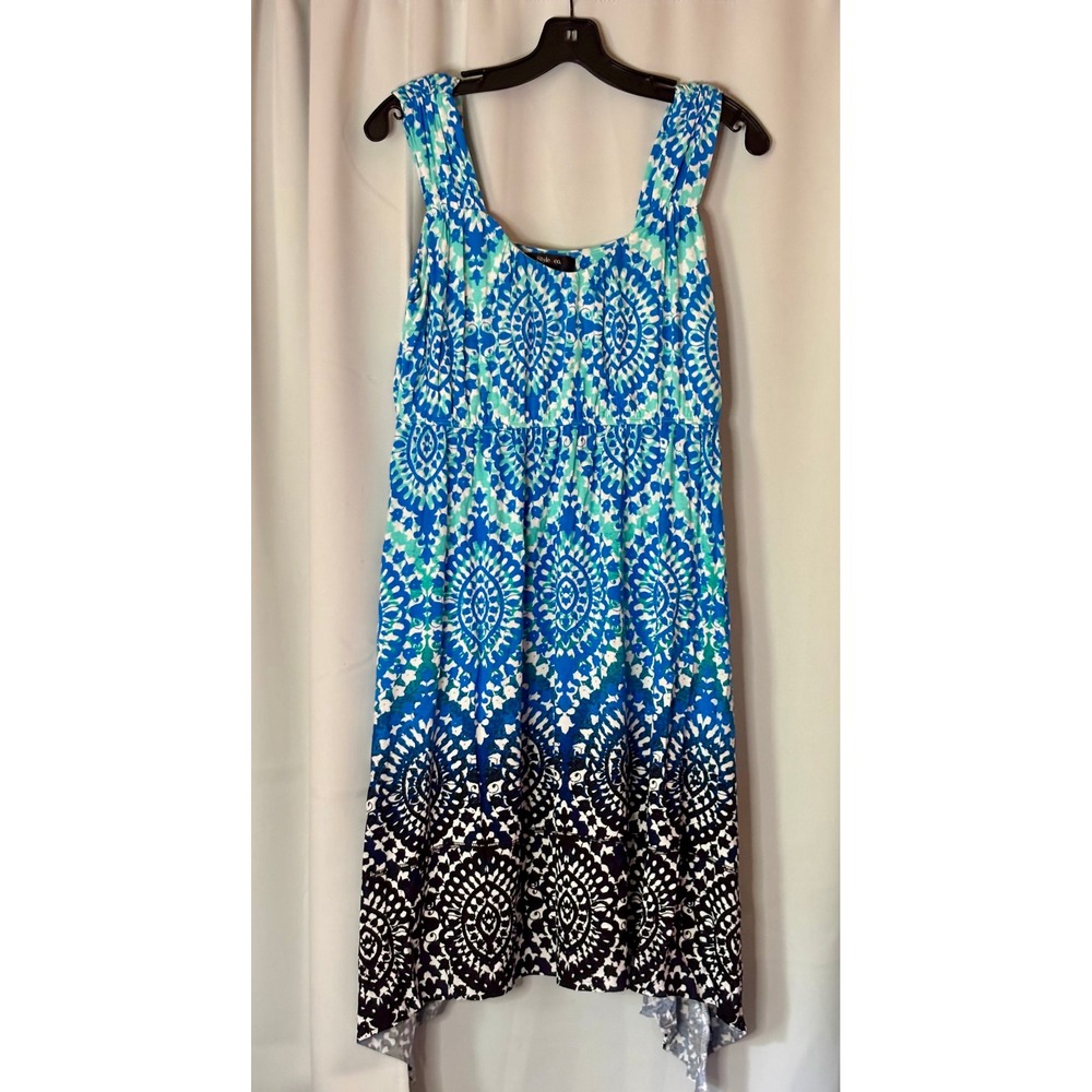Style & Co Womens Blue Green Medallion Print Handkerchief Hem Dress Medium